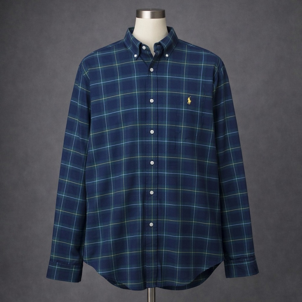Ralph Lauren Shirt Mens XL Tall Blue Green Plaid Heavy‎ Cotton Preppy Office